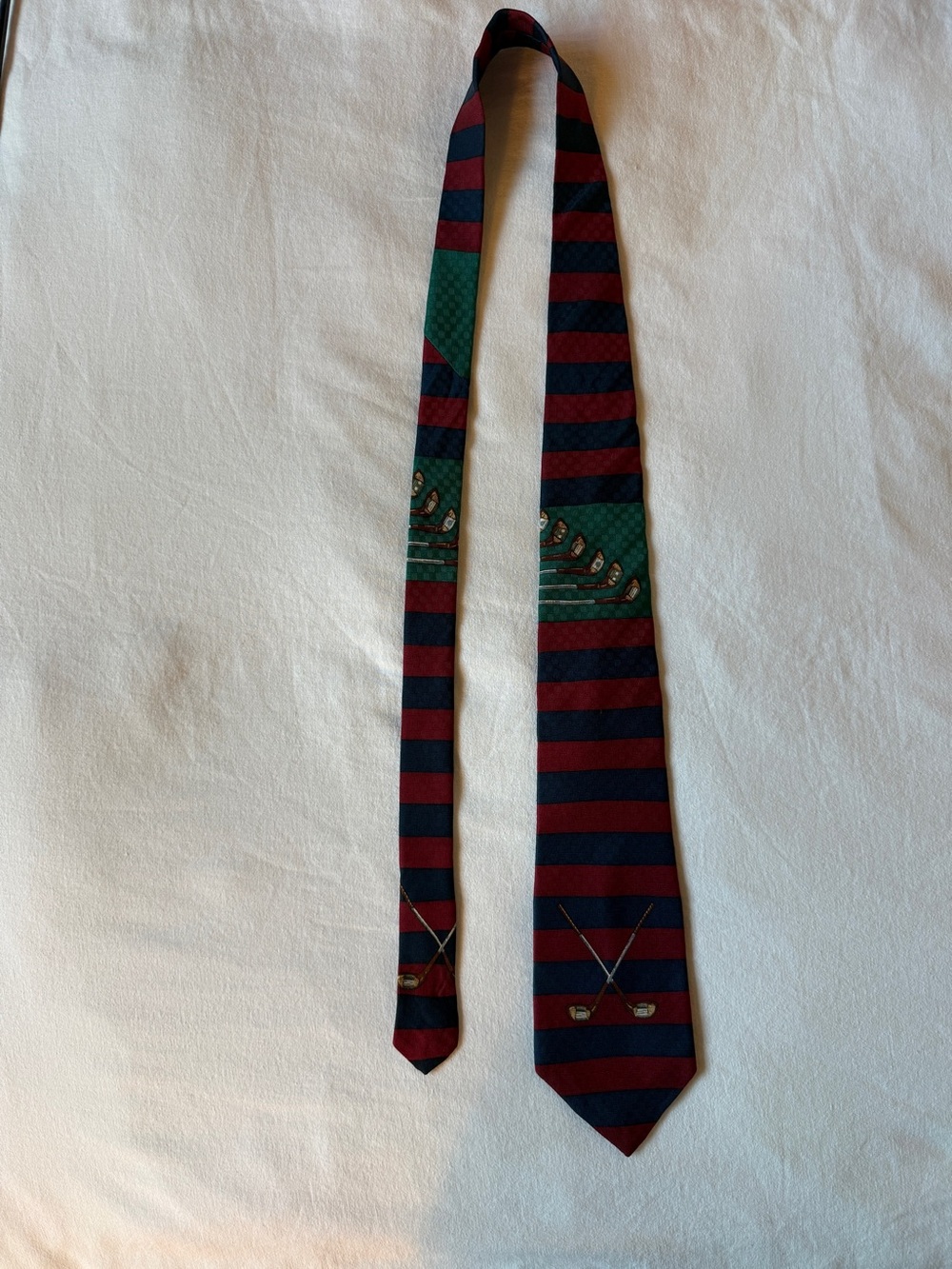 Men's Burgundy and Navy Striped Golf Motif Tie Vinyage